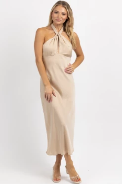 LE LIS CHAMPAGNE HALTER + TIE SATIN MIDI DRESS