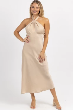 LE LIS CHAMPAGNE HALTER + TIE SATIN MIDI DRESS