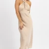 LE LIS CHAMPAGNE HALTER + TIE SATIN MIDI DRESS