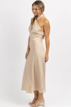 LE LIS CHAMPAGNE HALTER + TIE SATIN MIDI DRESS