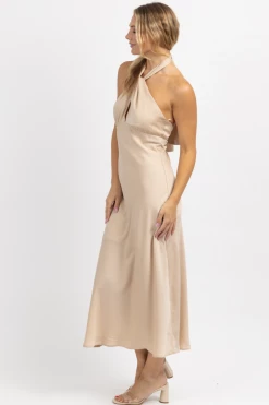 LE LIS CHAMPAGNE HALTER + TIE SATIN MIDI DRESS