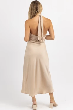 LE LIS CHAMPAGNE HALTER + TIE SATIN MIDI DRESS