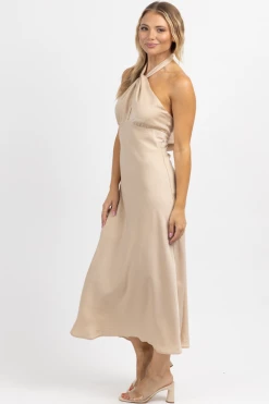 LE LIS CHAMPAGNE HALTER + TIE SATIN MIDI DRESS