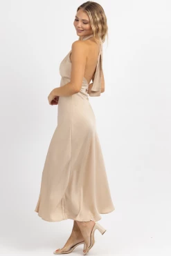 LE LIS CHAMPAGNE HALTER + TIE SATIN MIDI DRESS