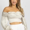 FORE COLLECTION NEW ARRIVALS CHAMPAGNE SATIN OFF SHOULDER BLOUSE