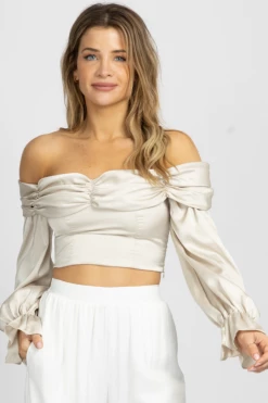 FORE COLLECTION NEW ARRIVALS CHAMPAGNE SATIN OFF SHOULDER BLOUSE