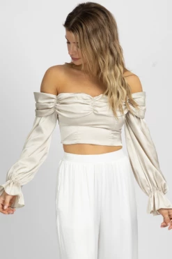 FORE COLLECTION NEW ARRIVALS CHAMPAGNE SATIN OFF SHOULDER BLOUSE