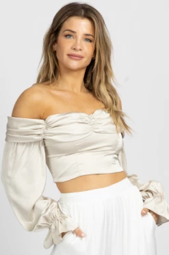 FORE COLLECTION NEW ARRIVALS CHAMPAGNE SATIN OFF SHOULDER BLOUSE