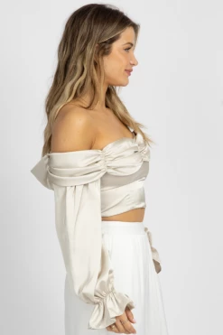 FORE COLLECTION NEW ARRIVALS CHAMPAGNE SATIN OFF SHOULDER BLOUSE