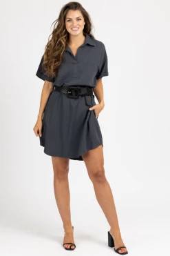 FORE COLLECTION WASHED BLACK COLLARED SHIRT DRESS
