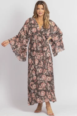 DRESS FORUM NEW ARRIVALS CHARCOAL ROSE BUTTERFLY SLEEVED MIDI DRESS