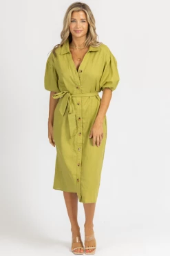 BLUE BLUSH CLOTHING CHARTREUSE COLLARED WAIST TIE MIDI DRESS
