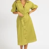 BLUE BLUSH CLOTHING CHARTREUSE COLLARED WAIST TIE MIDI DRESS