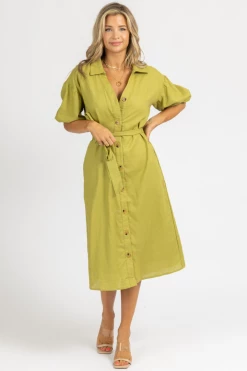 BLUE BLUSH CLOTHING CHARTREUSE COLLARED WAIST TIE MIDI DRESS