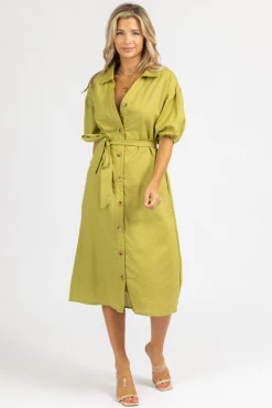 BLUE BLUSH CLOTHING CHARTREUSE COLLARED WAIST TIE MIDI DRESS