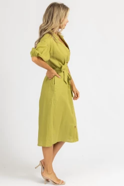 BLUE BLUSH CLOTHING CHARTREUSE COLLARED WAIST TIE MIDI DRESS