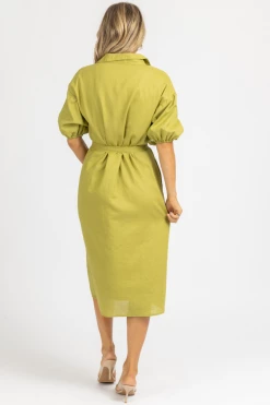 BLUE BLUSH CLOTHING CHARTREUSE COLLARED WAIST TIE MIDI DRESS