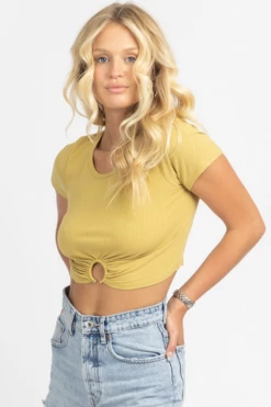 ENDLESS BLU NEW ARRIVALS CHARTREUSE O-RING RIBBED CROP TOP