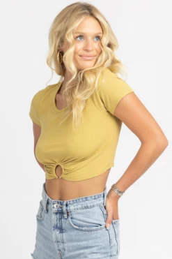 ENDLESS BLU NEW ARRIVALS CHARTREUSE O-RING RIBBED CROP TOP