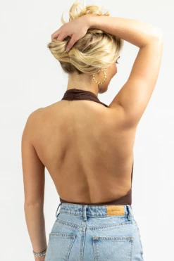 OLIVACEOUS NEW ARRIVALS CHESTNUT PLUNGE HALTER BACKLESS BODYSUIT