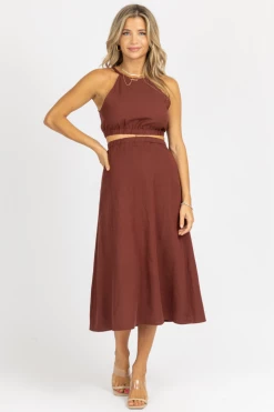 CRESCENT CLOTHING CHOCO BROWN HALTERNECK TWO PIECE MIDI DRESS