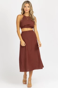 CRESCENT CLOTHING CHOCO BROWN HALTERNECK TWO PIECE MIDI DRESS