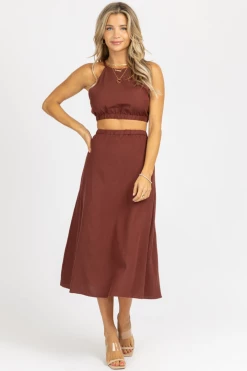 CRESCENT CLOTHING CHOCO BROWN HALTERNECK TWO PIECE MIDI DRESS