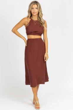 CRESCENT CLOTHING CHOCO BROWN HALTERNECK TWO PIECE MIDI DRESS