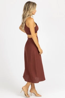 CRESCENT CLOTHING CHOCO BROWN HALTERNECK TWO PIECE MIDI DRESS