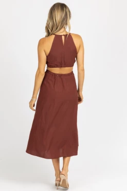 CRESCENT CLOTHING CHOCO BROWN HALTERNECK TWO PIECE MIDI DRESS
