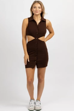 PRETTY GARBAGE CHOCOLATE COLLARED CUTOUT MINI DRESS