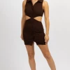 PRETTY GARBAGE CHOCOLATE COLLARED CUTOUT MINI DRESS