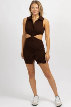 PRETTY GARBAGE CHOCOLATE COLLARED CUTOUT MINI DRESS