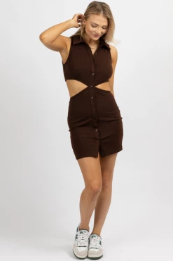 PRETTY GARBAGE CHOCOLATE COLLARED CUTOUT MINI DRESS