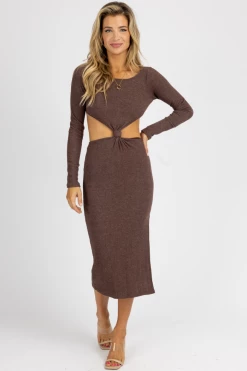 PAPERMOON CHOCOLATE LONG SLEEVE FRONT TWIST MIDI DRESS NEW ARRIVALS