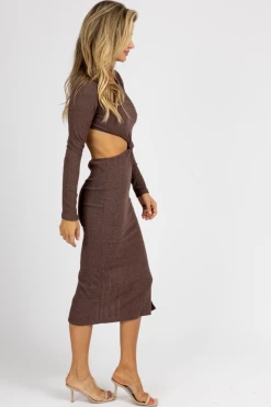 PAPERMOON CHOCOLATE LONG SLEEVE FRONT TWIST MIDI DRESS NEW ARRIVALS