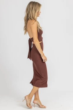 ENDLESS BLU MOCHA O-RING HALTER TIE MIDI DRESS