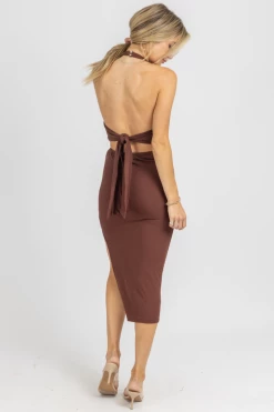 ENDLESS BLU MOCHA O-RING HALTER TIE MIDI DRESS