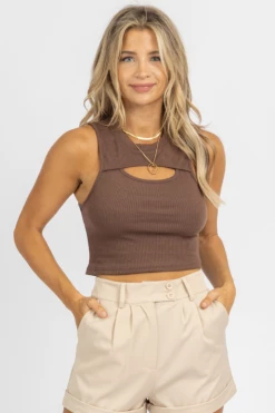 MISS LOVE CLOTHING CHOCOLATE RIBBED FRONT CUTOUT TOP