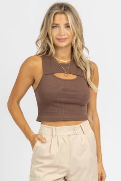 MISS LOVE CLOTHING CHOCOLATE RIBBED FRONT CUTOUT TOP 9 MISS LOVE CLOTHING CHOCOLATE RIBBED FRONT CUTOUT TOP