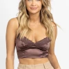 HEY BABE NEW ARRIVALS CHOCOLATE SATIN LACE CROP TANK