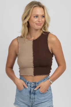 BAILEY ROSE NEW ARRIVALS CHOCOLATE + COFFEE COLOR BLOCK CROP TANK