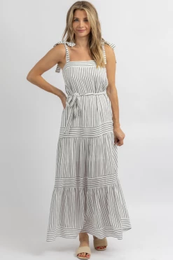 CEZELE NEW ARRIVALS COASTLINE PINSTRIPE TIE BELT MAXI DRESS