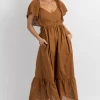FORE COLLECTION NEW ARRIVALS COCOA EYELET + RUFFLE POCKET MAXI DRESS