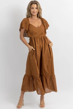 FORE COLLECTION NEW ARRIVALS COCOA EYELET + RUFFLE POCKET MAXI DRESS