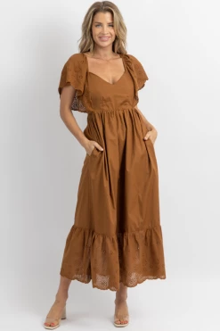FORE COLLECTION NEW ARRIVALS COCOA EYELET + RUFFLE POCKET MAXI DRESS