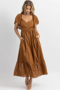 FORE COLLECTION NEW ARRIVALS COCOA EYELET + RUFFLE POCKET MAXI DRESS