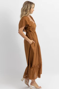 FORE COLLECTION NEW ARRIVALS COCOA EYELET + RUFFLE POCKET MAXI DRESS