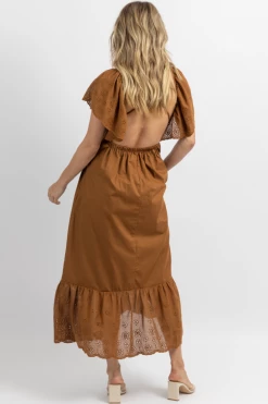 FORE COLLECTION NEW ARRIVALS COCOA EYELET + RUFFLE POCKET MAXI DRESS