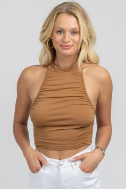 BAILEY ROSE COCOA RUCHED HALTER BACKLESS TOP